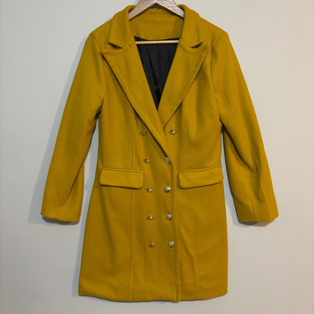 Mustard Yellow Double Breasted Pea Coat Jacket Light Gold Crest Buttons Medium